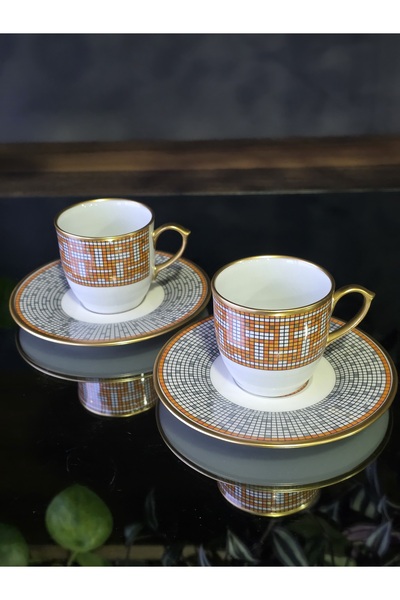 FERMATO طقم فناجين قهوة تركي بورسلين مكون من 4 قطع لشخصين من سلسلة هوني أورانج