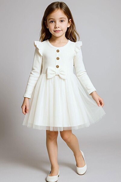 Breeze Kız Çocuk Uzun Kollu Elbise Omzu Fırfır Detaylı Fiyonklu 3-8 Yaş, Ekru