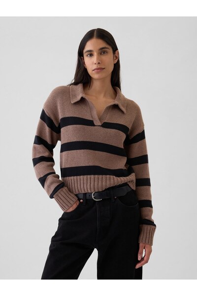 GAP Kadın Kahverengi Polo Yaka Crop Kazak