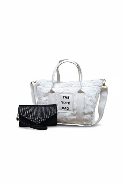 ZİVORA Women's Black Column Strap Fur Plush Crossbody Bag with Stone Multi-Co...