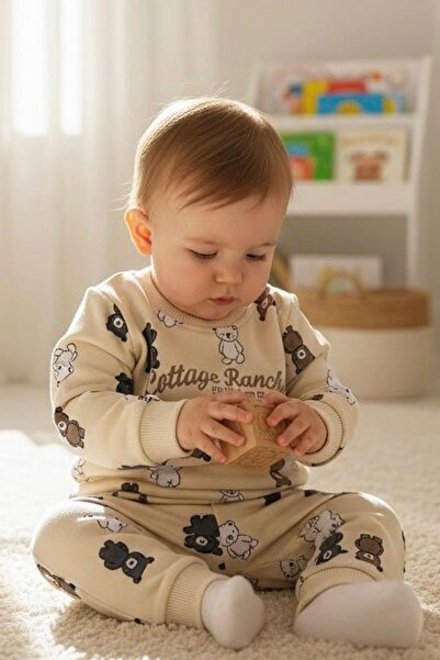 Breeze Erkek Çocuk Eşofman Takımı Sevimli Ayıcıklar Desenli 1-4 Yaş, Krem