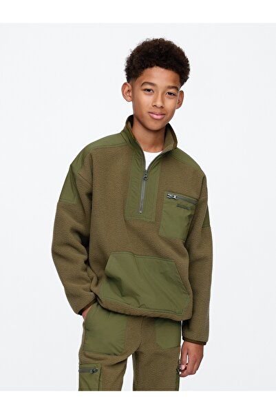 GAP Erkek Çocuk Haki Yarım Fermuarlı Sherpa Pullover Sweatshirt