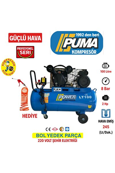 POWER 100 Litre. 2 Hp 220 Volt 8 Bar Döküm kafalı Pistonlu Yağlı Kompresör