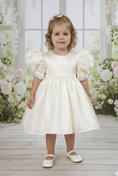 Bertuğ Bebek Ekru Krem Kız Çocuk Bebek Abiye Organze Elbise