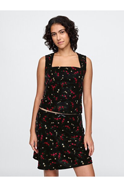 GAP Kadın Siyah Kadife Kare Yaka Crop Bluz