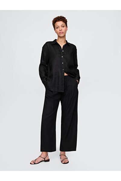 GAP Kadın Siyah Mid Rise Keten Karışımlı Barrel Pantolon