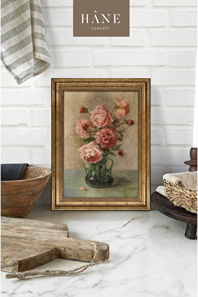 Hane Concept Vintage Pembe Çiçekli Ev Stili Baskılı Çerçeveli Tablo, Galeri Duvarı, Sanatsal Baskı, Ev Dekoru