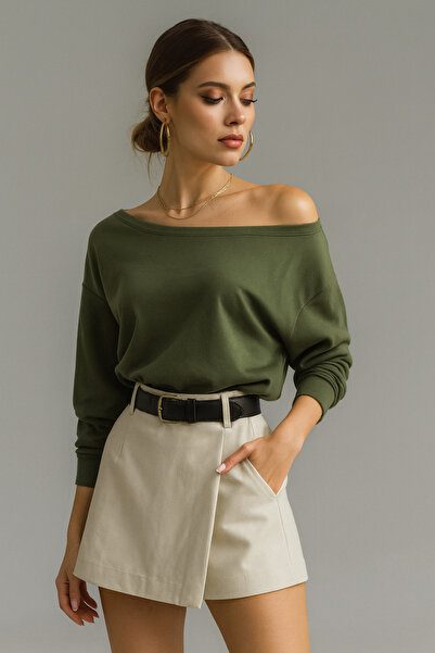 Rich Women's Khaki Off-Shoulder Modal Blouse