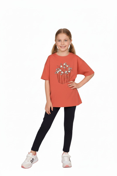 Ropi % 100 Pamuklu Pop Corn Desenli Kız Çocuk Yazlık T-shirt Ve Tayt Takımı