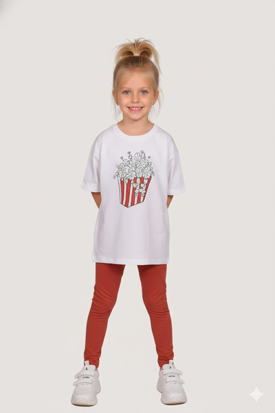 Ropi % 100 Pamuklu Pop Corn Desenli Kız Çocuk Yazlık T-shirt Ve Tayt Takımı