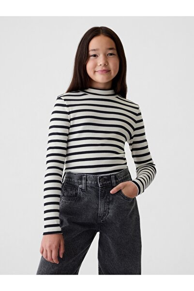 GAP Kız Çocuk Lacivert Fitilli Mockneck Yaka T-Shirt