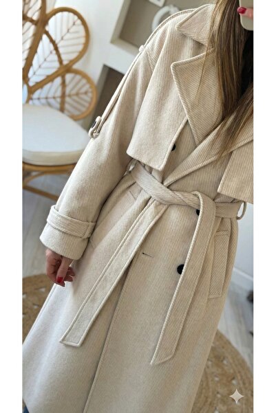 manana fashion Oversize Taş Balık Sırtı Uzun Kuşaklı Kaban