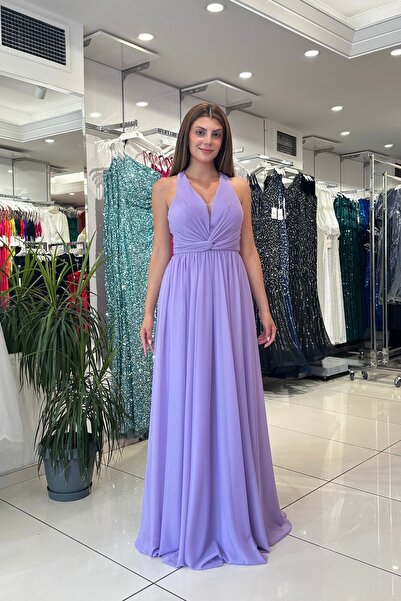 PER LEI Lila Önü Piliseli Düğüm Detaylı Sırt Dekolteli Uzun Tül Abiye Elbise