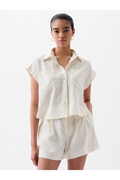 GAP Kadın Beyaz Keten Karışımlı Crop Gömlek
