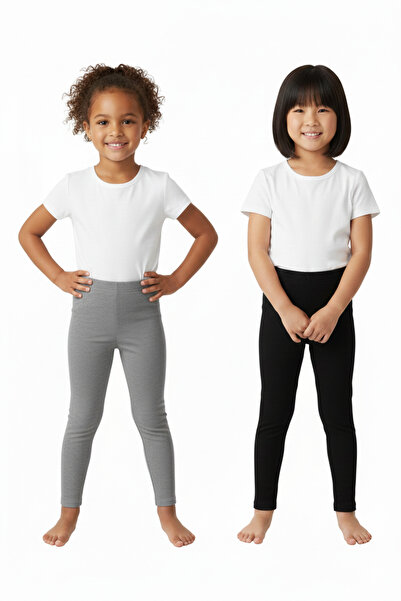 Ropi Kız Çocuk 2'li Kışlık Yüksek Bel Uzun Tayt (Siyah & Gri)