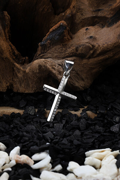 TAYFUN SİLVER Klasik Tasarım 925 Gümüş İnce Taşlı Haç Kolye Ucu | Rodyum Kaplama