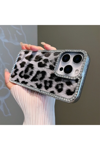 zore iPhone 15 Uyumlu Leopar Baskılı Deri Kenarları Taşlı Kılıf