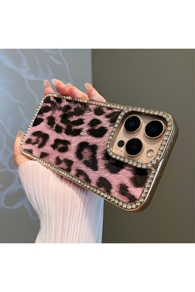 zore iPhone 15 Uyumlu Leopar Baskılı Deri Kenarları Taşlı Kılıf