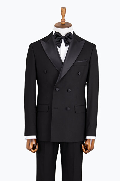 HC MEN CLASSIC Erkek Modern Fit Çıkma Sivri Yaka Kruvaze Damatlık Çift Yırtma...