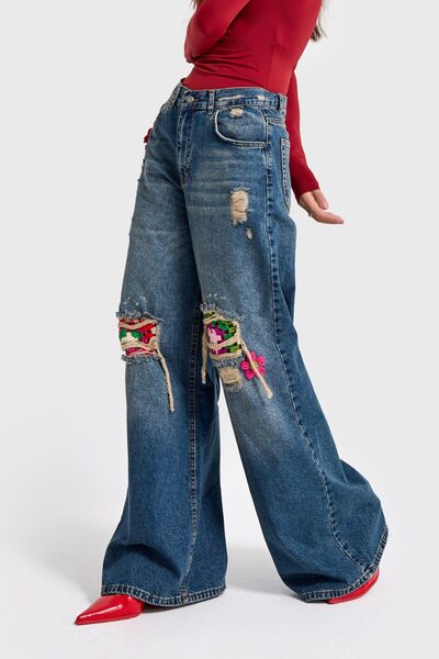 it's basic Kadın Kot Rengi Etnik Desenli Palazzo Fit Tasarım Denim