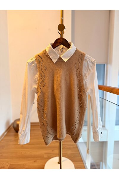 Lueurboutique Pastel Bej Renk Taş İşlemeli Süveter