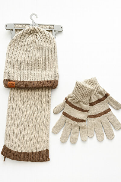 Butik Bej Erkek Çocuk Şapka, Atkı ve Eldiven Takımı (8-12 Yaş)