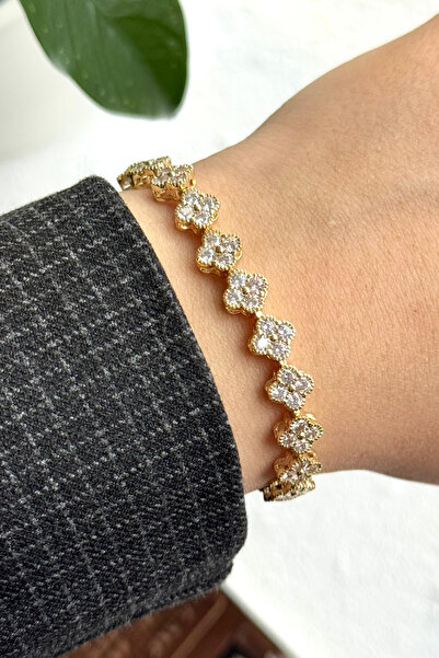 Leo'Stone Premium Seri Full Taş Tam Tur Yonca Tasarım Ayarlanabilir Kadın Çel...