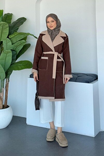 Şulemoda Giyim Φαινομενικό παλτό από καστόρι καφέ