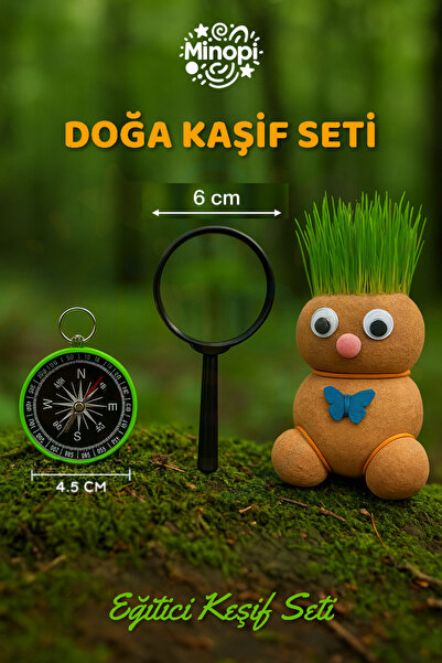 Minopi Eğitici Doğa Kaşifleri Seti 3'lü Set Pusula Anahtarlık Çim Adam 60 mm Büyüteç Mercek
