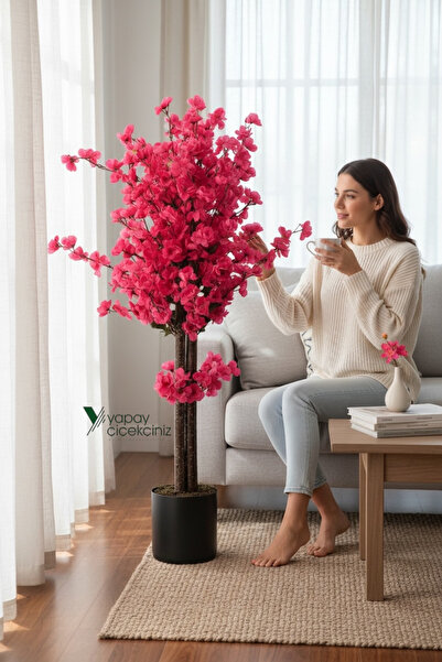 YAPAY ÇİÇEKÇİNİZ Gri Saksıda 100 Cm Nar Çiçeği Renkli Yapay Bahar Dalı Ağacı