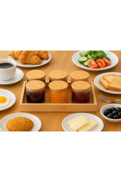 Noah Exclusive 6 Adet 150 ml Borosilikat Cam Reçellik Bambu Tepsi -bambu Kapaklı Kahvaltilik - ( 70 X 50 Mm)