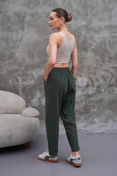 BigBrossBoutique Khaki Linen Blended Casual Casual Style Women's Trousers