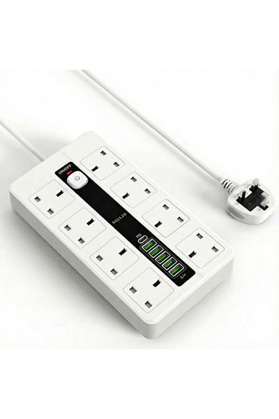 BARAKAH Power Strip with Surge Protection, 5 USB Ports & 1 Type-C Port, 2m Cord (White)