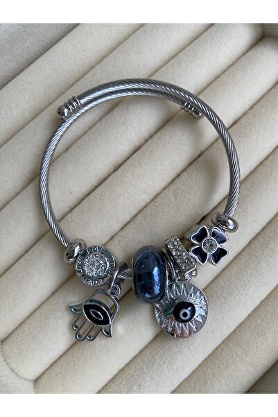 BusradanDesign سوار فضي اللون بتفاصيل يدوية لفاطمة العظيمة مع حلقات متعددة