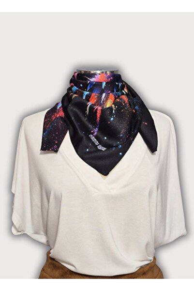 POZİTİF MRK وشاح ساتان أسود منقوش بنمط الجناح 70 سم × 70 سم