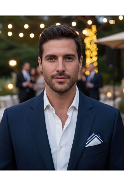 1001 Kravat Lacivert Kenar Çizgili Beyaz Renkli 33x33 Cm Ölçülerinde Ipek Cep Mendili