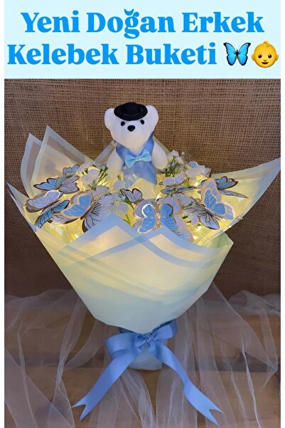 Melonİst Mavi Ledli Kelebek buketi, yenidoğan erkek bebek hediyesi için uygun...