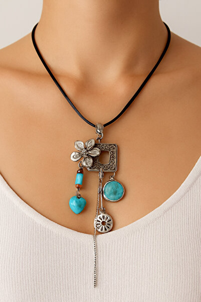 Moda Accessories Firuze Taşlı Yonca Ve Kare Uzun Bayan Kolye