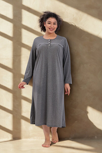 bigmama Büyük Beden Kadın Gecelik Uzun Kollu 100% Pamuk Battal Anne Gecelik
