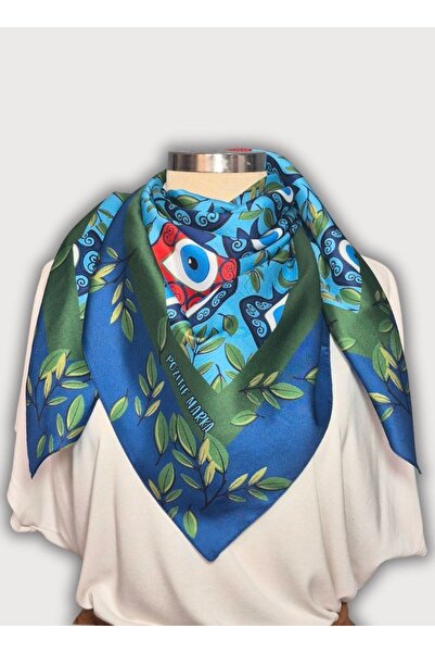 POZİTİF MRK Yeşil Eşarp İpeksi Twill Saten Kumaş Nar Nazar Boncuğu Desenli