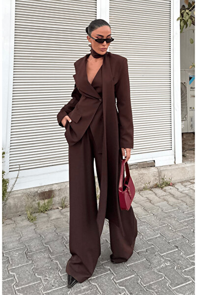 HOPE AND ME Brown Trouser Jacket Set with Design Shawl Detail