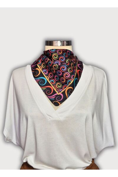 POZİTİF MRK باندانا من الساتان الأسود - Twill حريري، نمط حلزوني متعدد الألوان