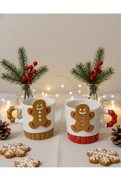 HİS Studio 2'li Kurabiye Adam Kabartmalı Tamamıyla El yapımı Özel Tasarım Seramik Kupa