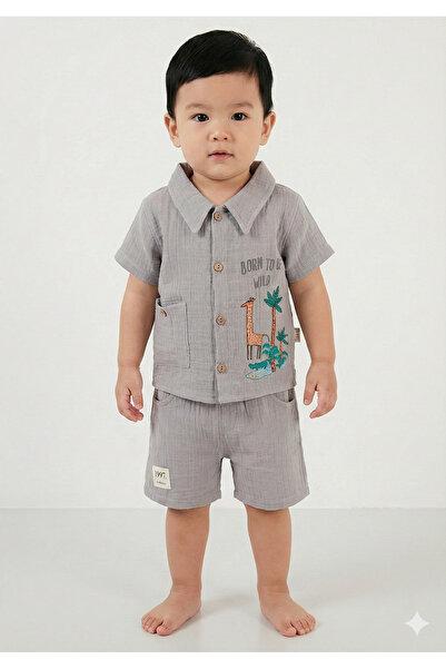 Mini Baray Organic 100% Cotton Giraffe Printed Baby Boy Summer Set with Pocke...