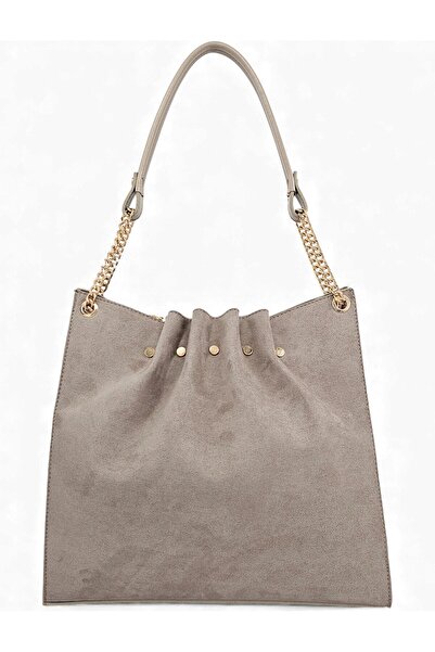 Evident Stone Color Nubuck Chain Detailed Pleated Women's Shoulder Bag