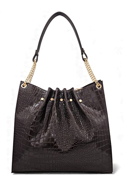 Evident Brown Patent Leather Crocodile Patterned Chain Detailed Pleated Women's Shoulder Bag