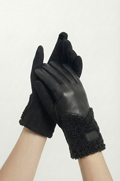 robanu Siyah Süet ve Deri Dokulu Kuzu Yünü Detaylı Şık Kadın Kışlık Eldiven