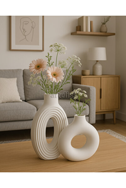 Arteliss İkili Modern Pampas Vazo Seti | Silindir & Halka | İskandinav Beyaz ...