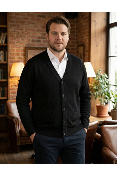 Trikolay Erkek Büyük Beden Siyah Hırka V Yaka Düğmeli Cepli Kışlık Triko