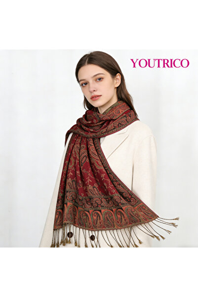 Youtrico وشاح نسائي بنقشة بيزلي، شال ناعم ودافئ، بشراشيب طويلة، من مجموعة الخريف/الشتاء، أحمر داكن